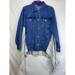 NWT J. NNA Women's Small Blue Denim W Woven Back Long Fringed Side Jean Jacket